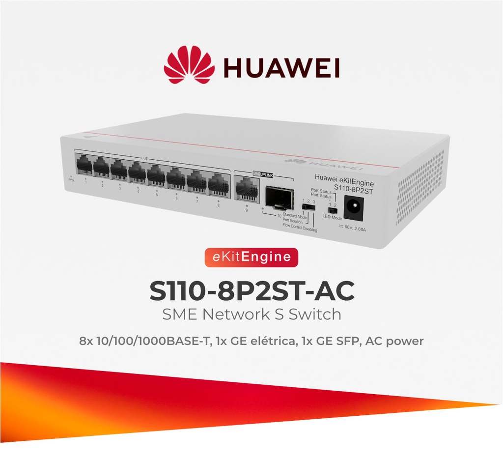[SWHUS1108P2ST] SWITCH HUAWEI EKITENGINE POE S110-8P2ST 8 PTS GIGABIT 2 SFP 124W